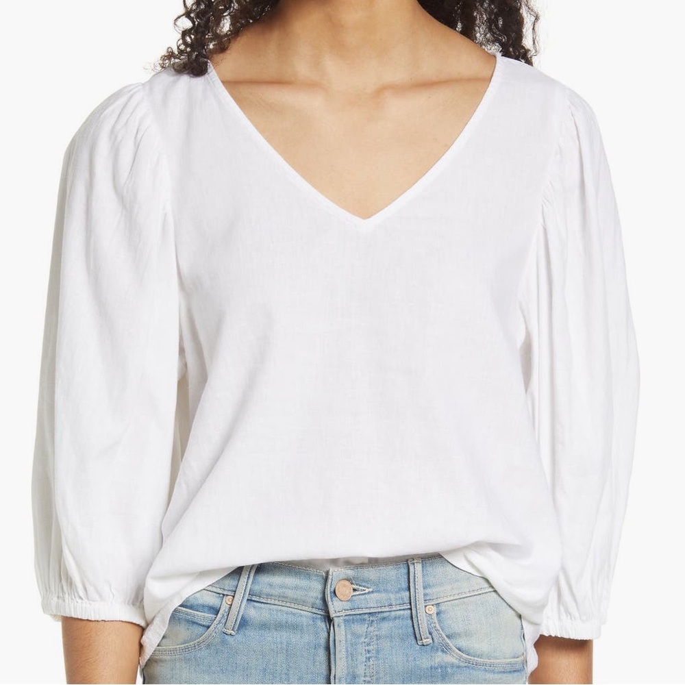 Nordstrom Caslon Balloon Sleeve Linen Blend Top